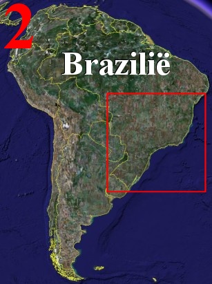 2) De kaart van Zuid-Amerika met daarop het land Brazili