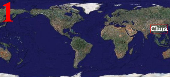 1) De kaart van de Wereld met daarop het land China