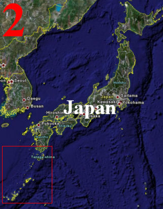 2) Japan uitvergroot, met het leefgebied van de Cycas revoluta