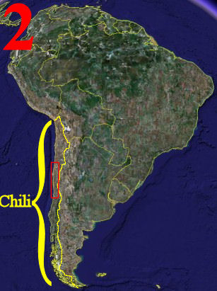 2) ingezoomd op Zuid-Amerika is het leefgebied te zien van de Jubaea chilensis, namelijk het midden van Chili