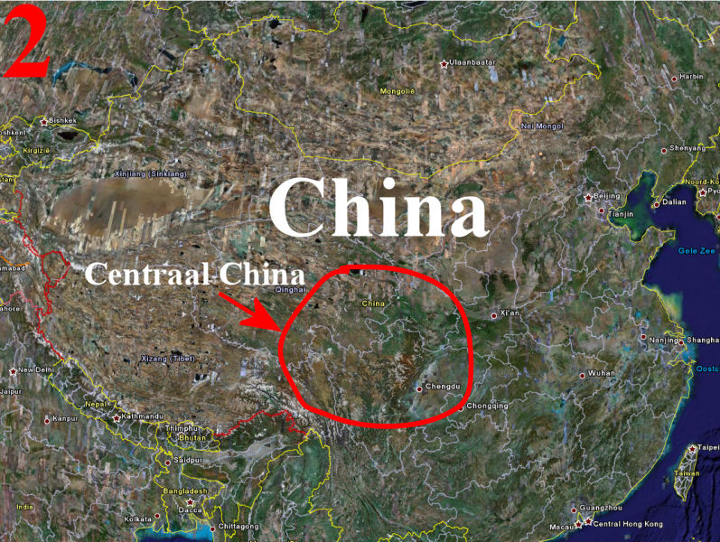 2) De kaart van china met daarin de vermoedelijke herkomstplaats van Trachycarpus fortunei